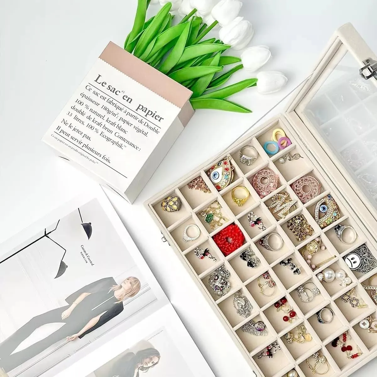 Jewelry Organizer Velvet Jewelry Organizer with Clear Glass Lid - stealthy mosquito 40 Grid Stackable Earring Storage Box, Removable Dividers for Rings, Bracelets, Necklaces, Women's 