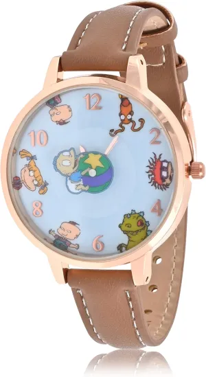 Kids Analog Watch ?C Vintage Cartoon Characters denomination on Printed Dial, Stitched PU Leather Strap, Rose Gold Alloy Case ?C Classic Timepiece for Kids and Fans, Fits Wrists 5.5" to 8 Nickelodeon Rugrats 