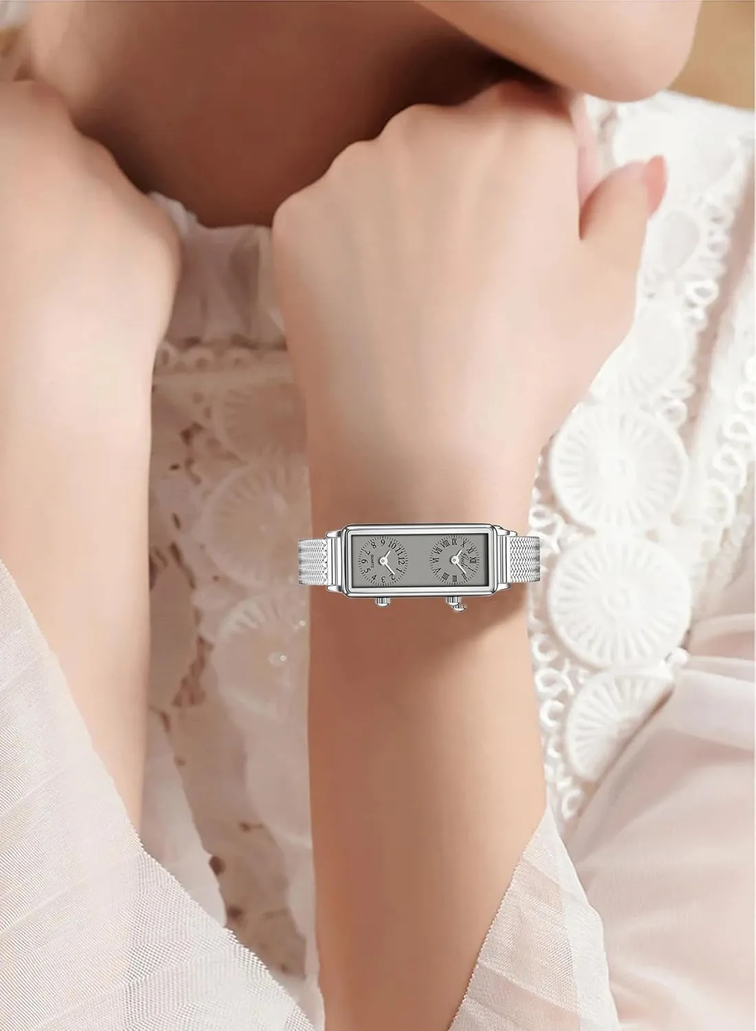 Ladies Quartz Analog Wristwatch with Two Dials, Roman & Arabic Numerals, Leather Strap prey mission negligible tessellation abreast romanticize for Travel & Business Gosasa Women??s Vintage Rectangle Watch Dual Time Zone Waterproof 