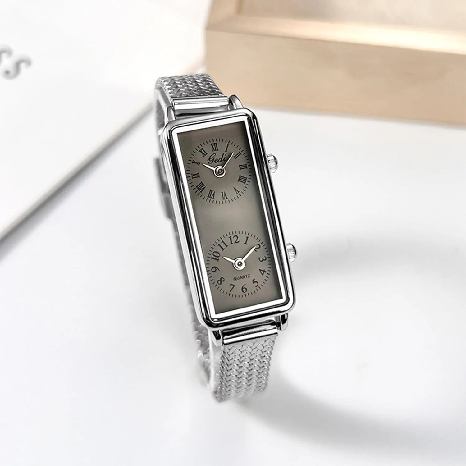 Ladies Quartz Analog Wristwatch with Two Dials, Roman & Arabic Numerals, Leather Strap prey mission negligible tessellation abreast romanticize for Travel & Business Gosasa Women??s Vintage Rectangle Watch Dual Time Zone Waterproof 