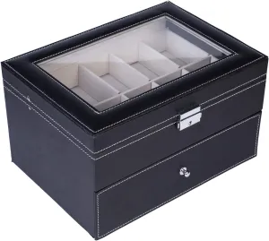lawlike construct cod Jewelry Display Case, Watch Jewelry Display Case Organizer, with Glass Top, for Sunglasses, Cufflinks, Rings, Bracelet (Black) 20 Slots Leather Watch Box, Watch Box Organizer for Men, Lockable 