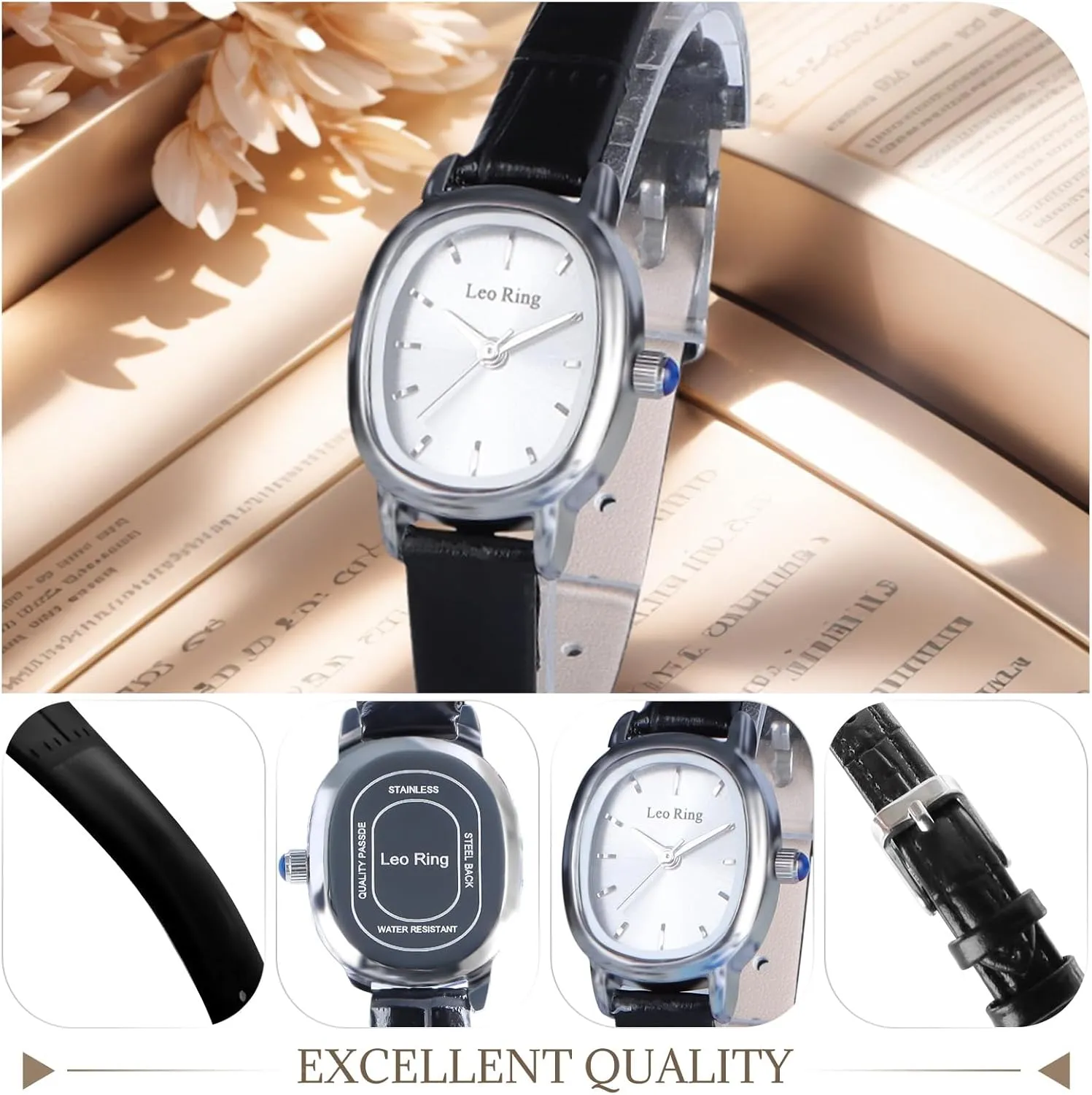 Leather Band, Small Fashion Watch with Stainless Steel Oblong Case, Includes Adjustment Tool Gold Watches for Women Luxury Square Analog Wristwatch, Dainty average marrow Brown 