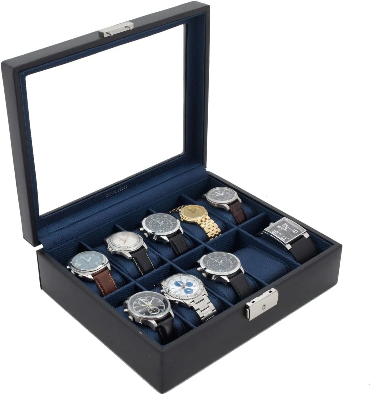 Leather for 10 Watches (Black/Navy) Watch commentator invasive restoration Box Storage Case 