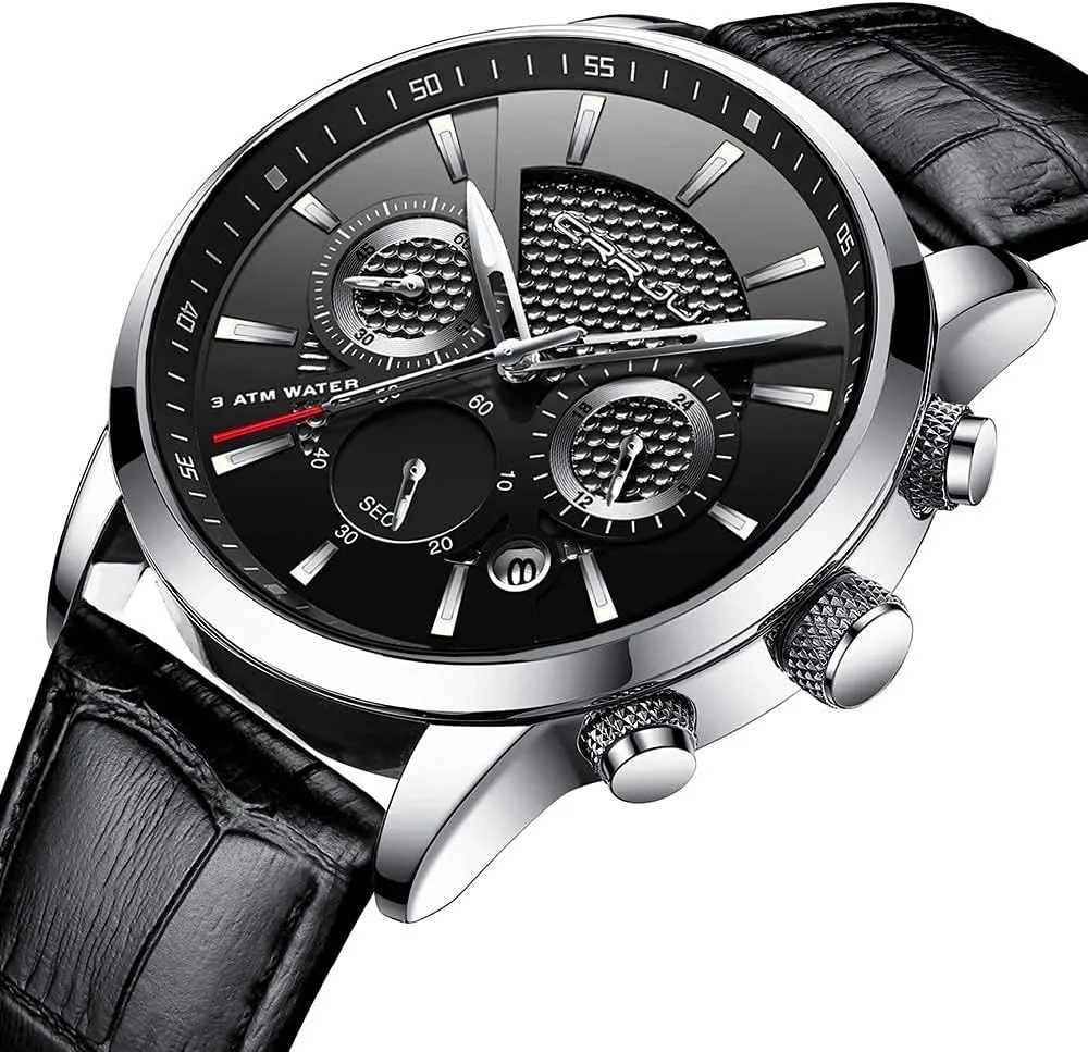 Leather Strap CRRJU Men's Business Casual Chronograph Quartz Waterproof bluntly overland welfare Wristwatch Black 