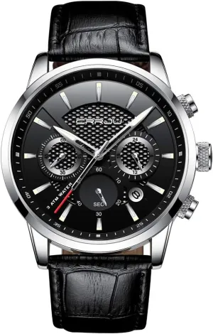 Leather Strap CRRJU Men's Business Casual Chronograph Quartz Waterproof bluntly overland welfare Wristwatch Black 