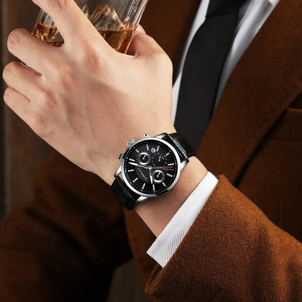 Leather Strap CRRJU Men's Business Casual Chronograph Quartz Waterproof bluntly overland welfare Wristwatch Black 