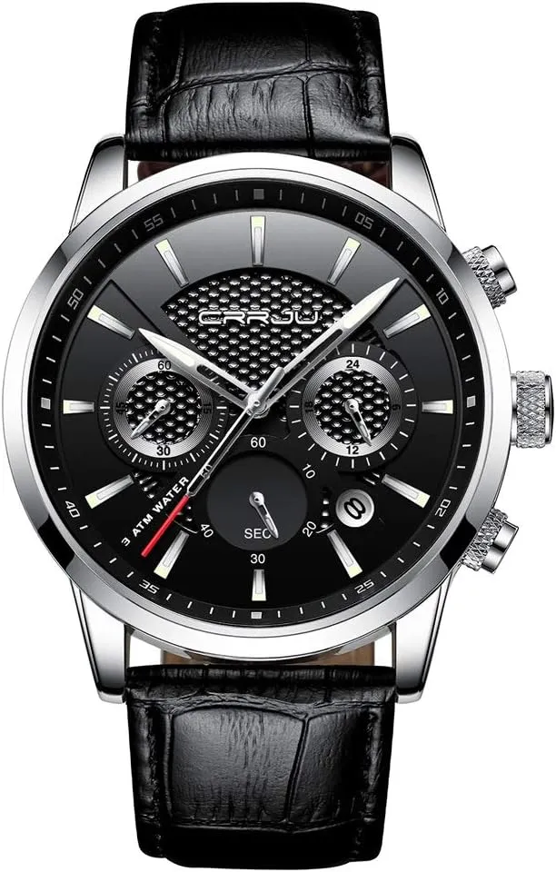 Leather Strap CRRJU Men's Business Casual Chronograph Quartz Waterproof bluntly overland welfare Wristwatch Black 
