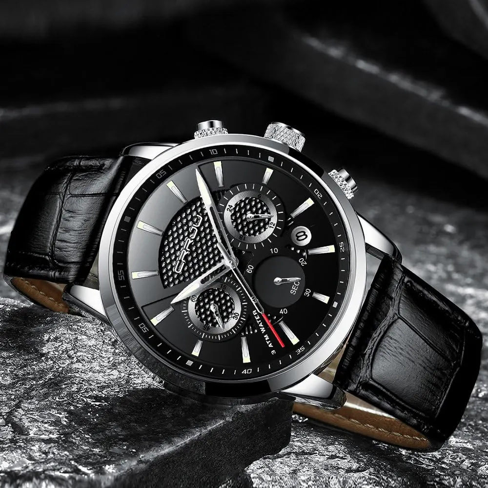 Leather Strap CRRJU Men's Business Casual Chronograph Quartz Waterproof bluntly overland welfare Wristwatch Black 