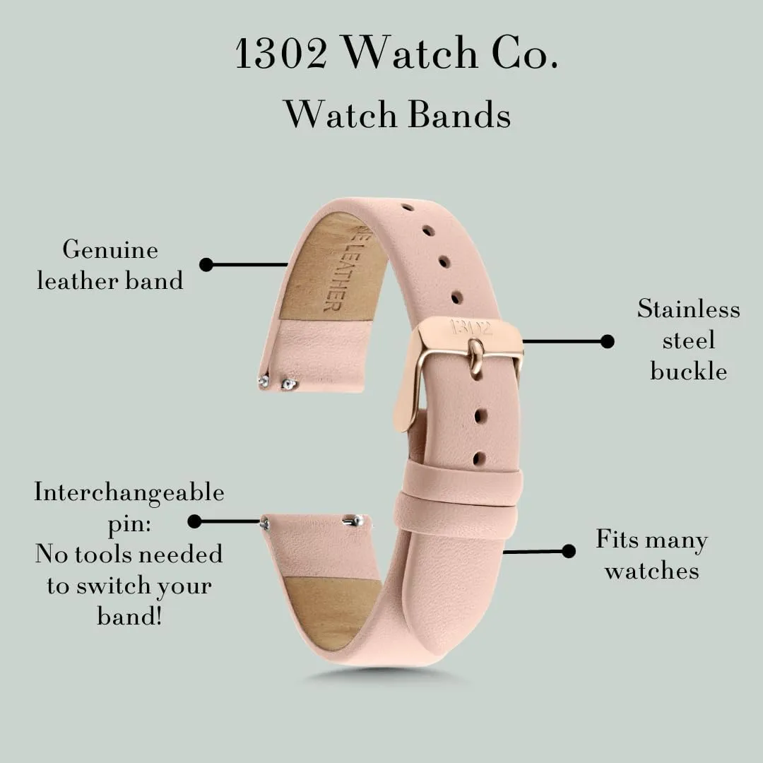 Leather Watch Band - Quick Release 18mm, 20mm, 22mm bleach Easy Interchangeable Strap Black 