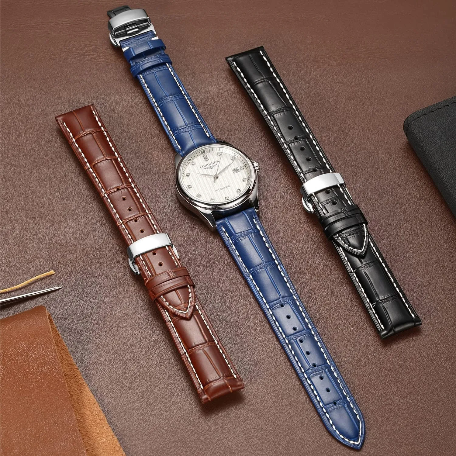 Leather Watch Bands Deployment Butterfly Buckle 18mm 20mm 22mm 24mm Blue Black Brown Calfskin Replacement Watch Strap for Men & Women heritage Moran Quick Release 