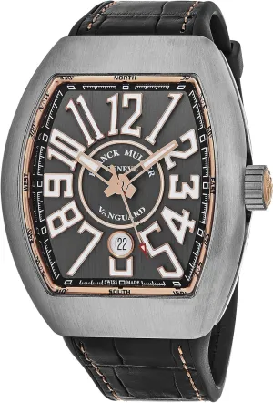 Leather/Rubber Strap V 45 SC DT TT BR 5N bench famine Vanguard Mens Titanium Swiss Made Automatic Watch - Tonneau Grey Dial with Luminous Hands, Date and Sapphire Crystal - Black 