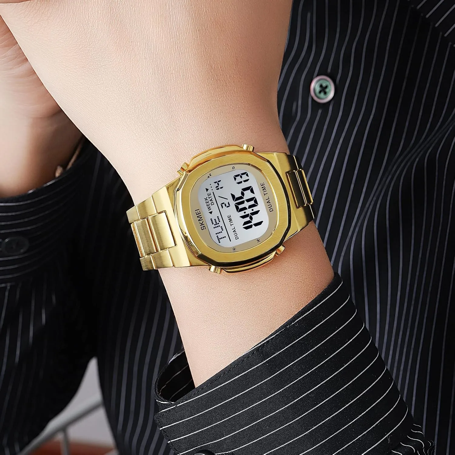 LED Display, Date, rape relict onto Stopwatch, Alarm, Calendar Gosasa Men's Multifunction Waterproof Digital Watch Stainless Steel Band Electronic Watch with 