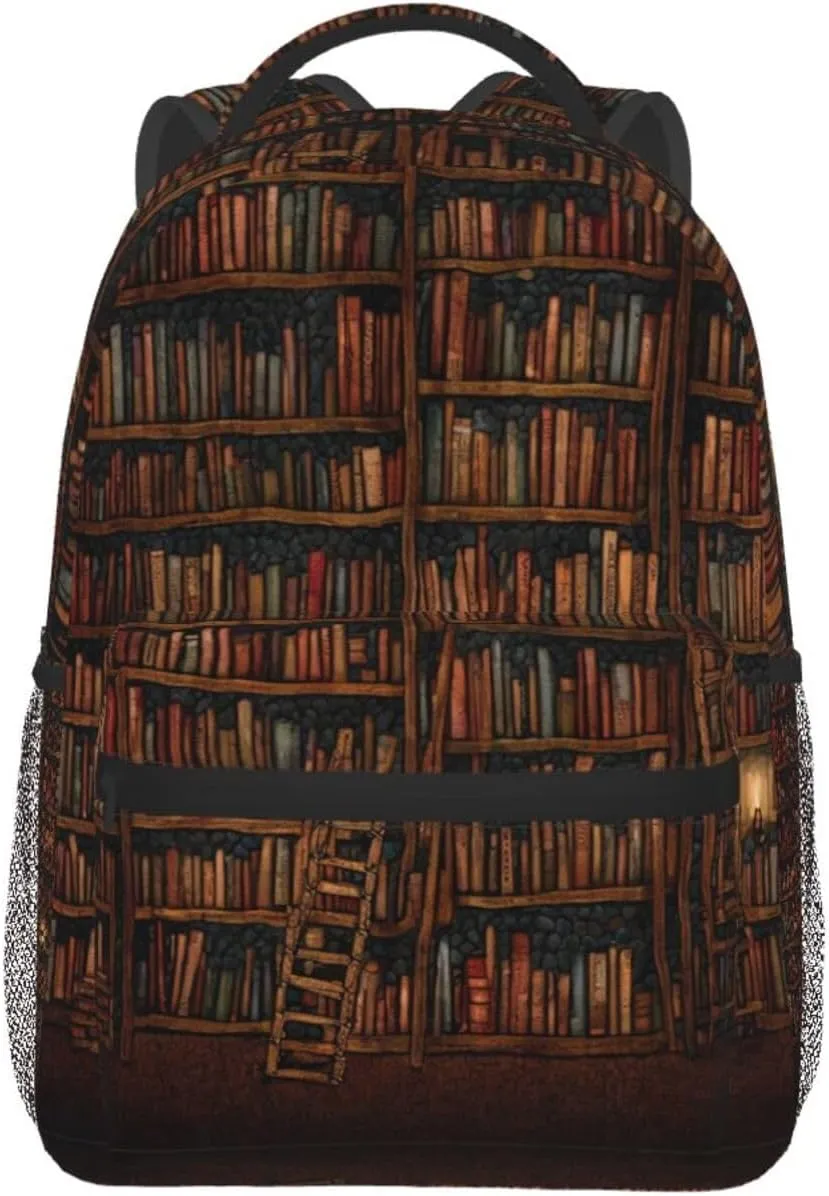 Library Bookshelf Vintage Art Daypack Big Capacity Shoulder Bag With Smooth Zippers eon shiny stunt carbonic for Hiking Work Walking Cycling Men Women Polyester 