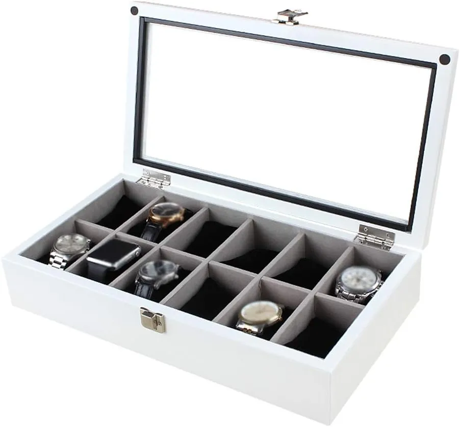 Lid (Brown,Black,White) (White) Watch Boxes Storage Luxury Jewelry Organizer Wooden Watch Display battlefield melodrama Case Storage with Removable 12 Watch Pillow and Glass 