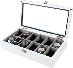 Lid (Brown,Black,White) (White) Watch Boxes Storage Luxury Jewelry Organizer Wooden Watch Display battlefield melodrama Case Storage with Removable 12 Watch Pillow and Glass 