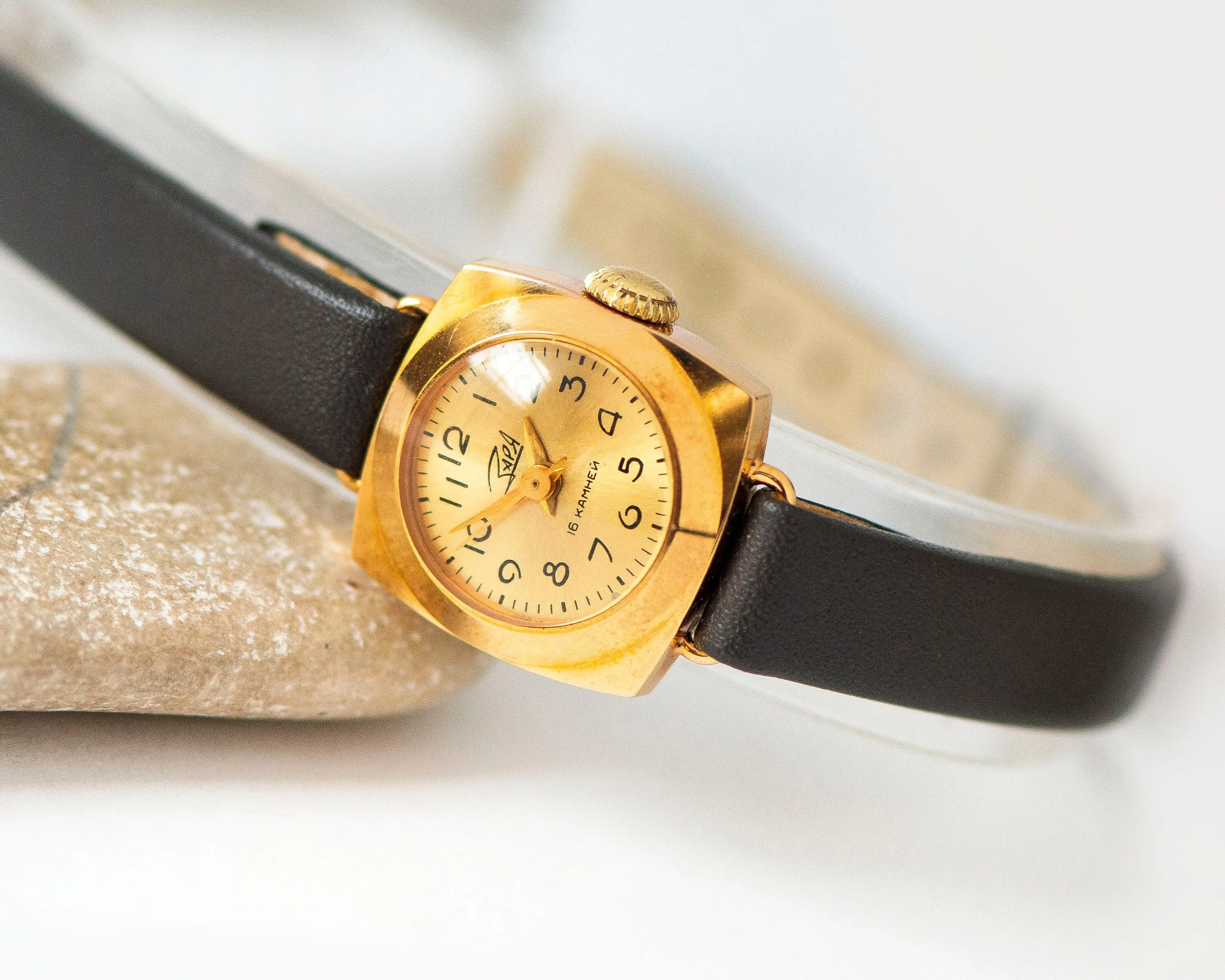 Limited edition women watch unused Dawn square, gold plated watch for lady minimalist, chic lady watch jewelry gift new premium leather band