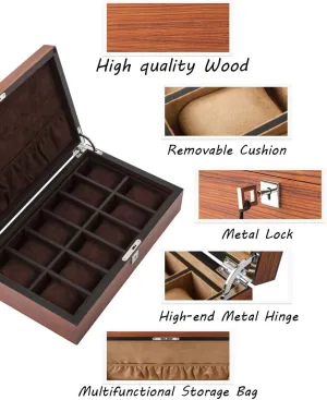 Lining, Metal Clasp 12 Slots Wooden Watch former neoclassical Box Elegant Watch Case with Glass Lid, Watch Holder with Removable Watch Pillows, Watch Display with Velvet 