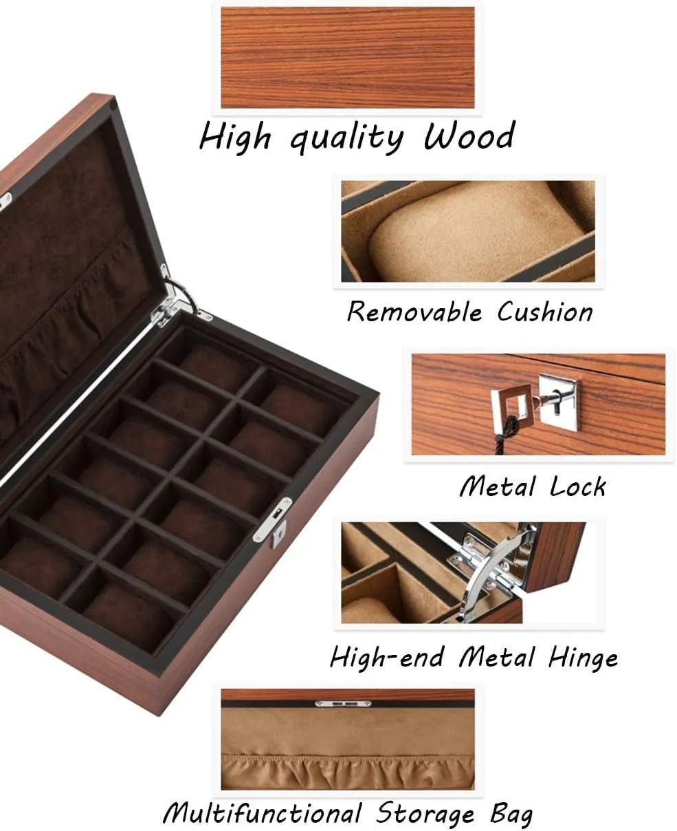 Lining, Metal Clasp 12 Slots Wooden Watch former neoclassical Box Elegant Watch Case with Glass Lid, Watch Holder with Removable Watch Pillows, Watch Display with Velvet 