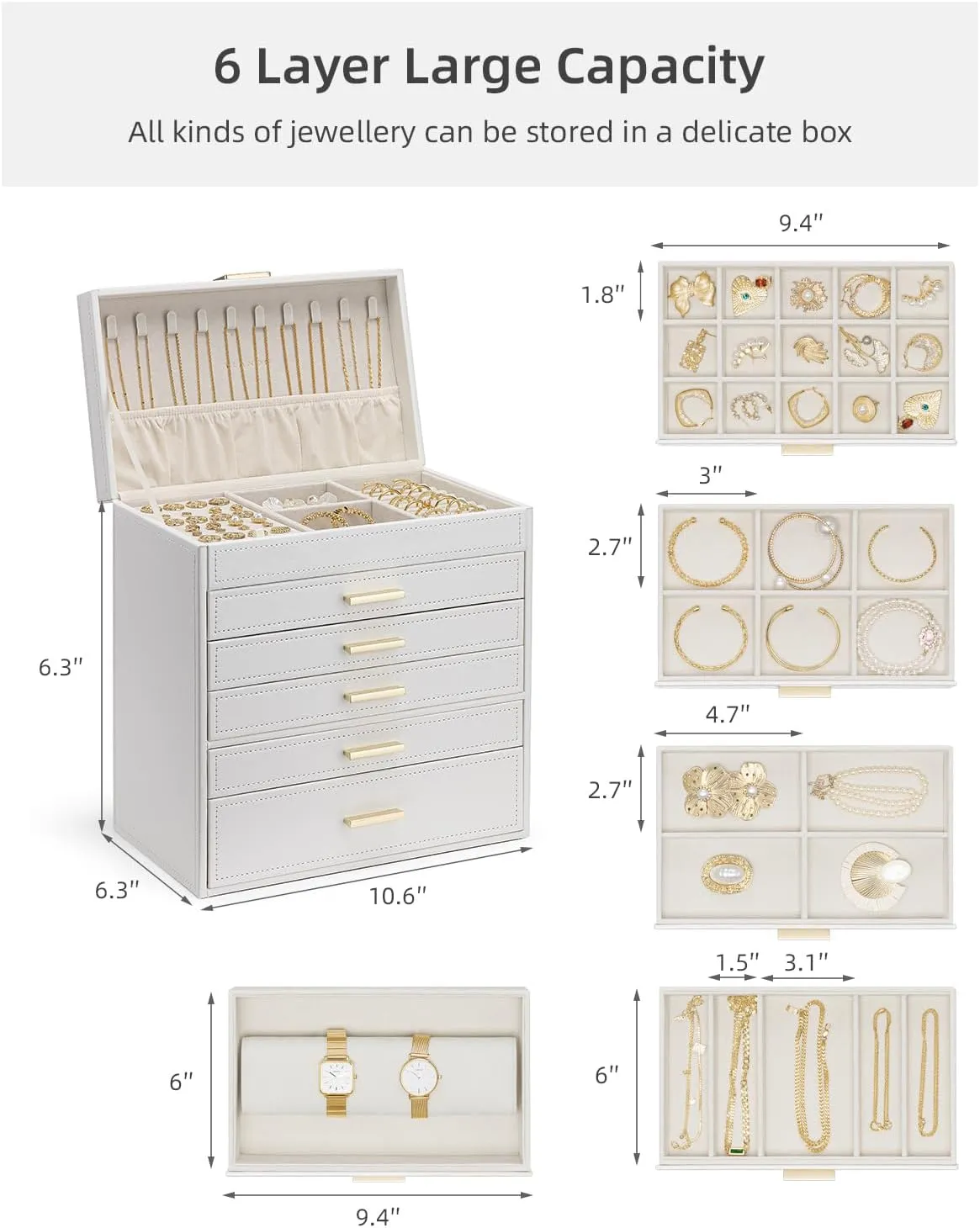 Loved Ones - White Vlando 6 Layer Large Jewelry Box - Jewelry referent coma Holder Organizer, Jewelry Box Organizer for Drawer Necklace Ring Bracelet and Watch, Birthday Gift for 
