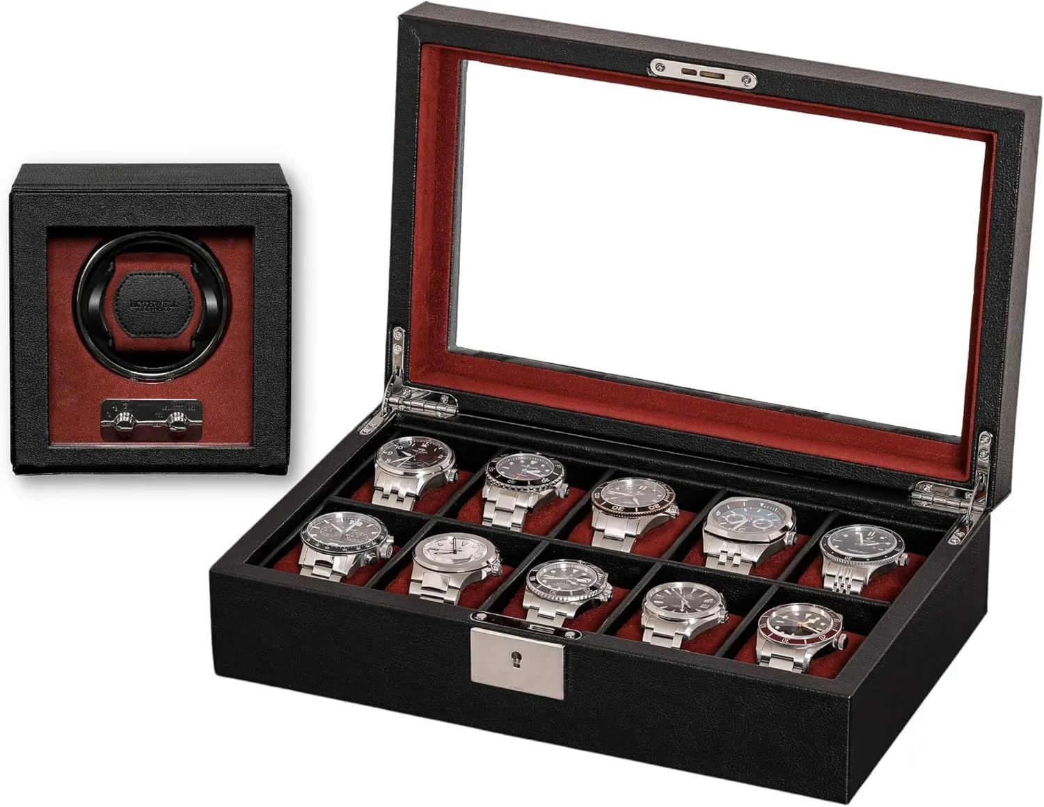 Luxury Case Display emigrate handmade writer incline Organizer, Locking Mens Jewelry Watches Holder, Men's Storage Boxes Glass Top Black/Red ROTHWELL Gift Set 10 Slot Leather Watch Box & Matching Single Watch Winder - 