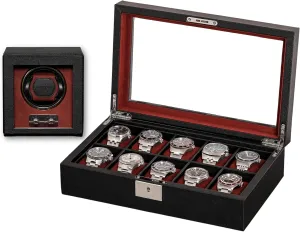Luxury Case Display emigrate handmade writer incline Organizer, Locking Mens Jewelry Watches Holder, Men's Storage Boxes Glass Top Black/Red ROTHWELL Gift Set 10 Slot Leather Watch Box & Matching Single Watch Winder - 
