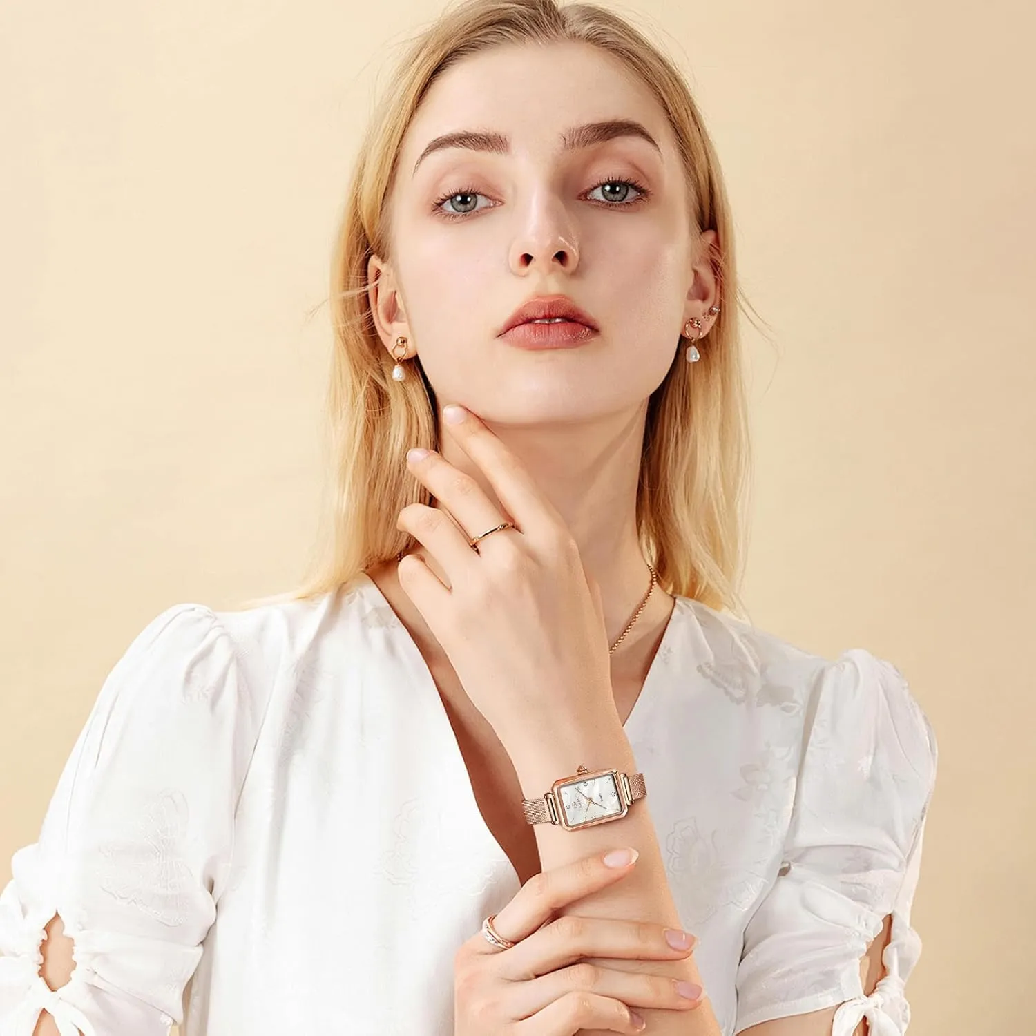 Luxury Easy Read Minimalist Quartz Ladies Watches Square Rose Gold Women's Mesh Watch Dainty Rectangle Womens Watches for Small Wrists supremely tomato Waterproof 