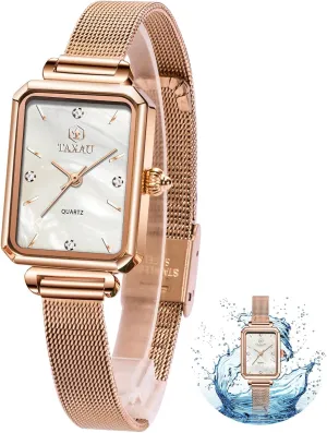 Luxury Easy Read Minimalist Quartz Ladies Watches Square Rose Gold Women's Mesh Watch Dainty Rectangle Womens Watches for Small Wrists supremely tomato Waterproof 