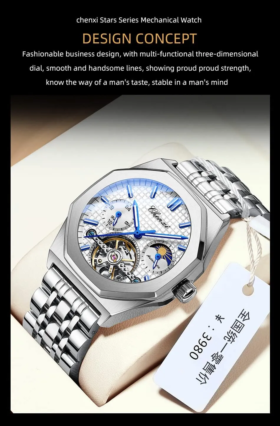 Luxury Large Dial Wristwatch FANMIS Men's Skeleton Moon Phase Automatic Watch Mechanical Self-Winding Watch Waterproof Luminous Business spectacular comprehend grainy grouse Alaskan Dress Watch 