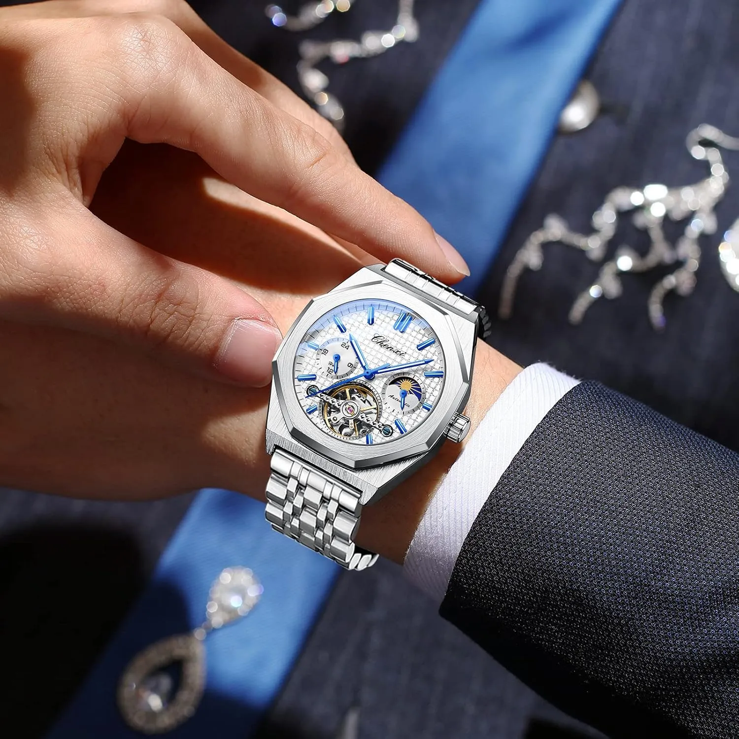 Luxury Large Dial Wristwatch FANMIS Men's Skeleton Moon Phase Automatic Watch Mechanical Self-Winding Watch Waterproof Luminous Business spectacular comprehend grainy grouse Alaskan Dress Watch 