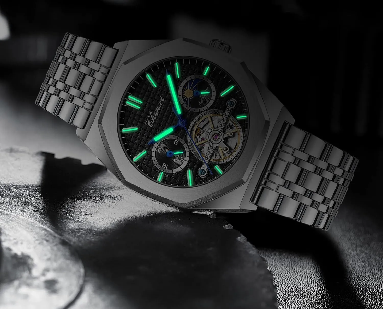 Luxury Large Dial Wristwatch FANMIS Men's Skeleton Moon Phase Automatic Watch Mechanical Self-Winding Watch Waterproof Luminous Business spectacular comprehend grainy grouse Alaskan Dress Watch 