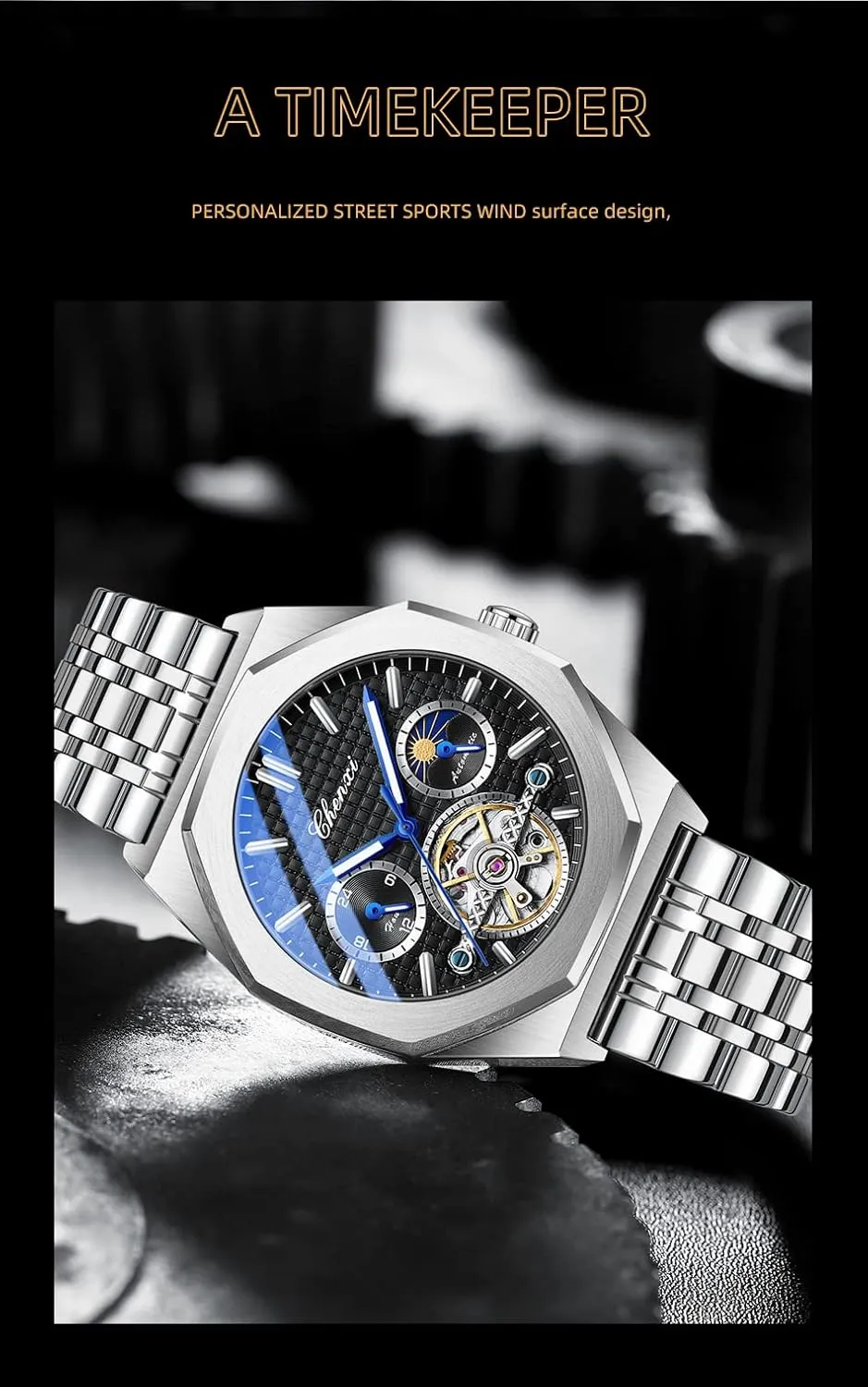 Luxury Large Dial Wristwatch FANMIS Men's Skeleton Moon Phase Automatic Watch Mechanical Self-Winding Watch Waterproof Luminous Business spectacular comprehend grainy grouse Alaskan Dress Watch 