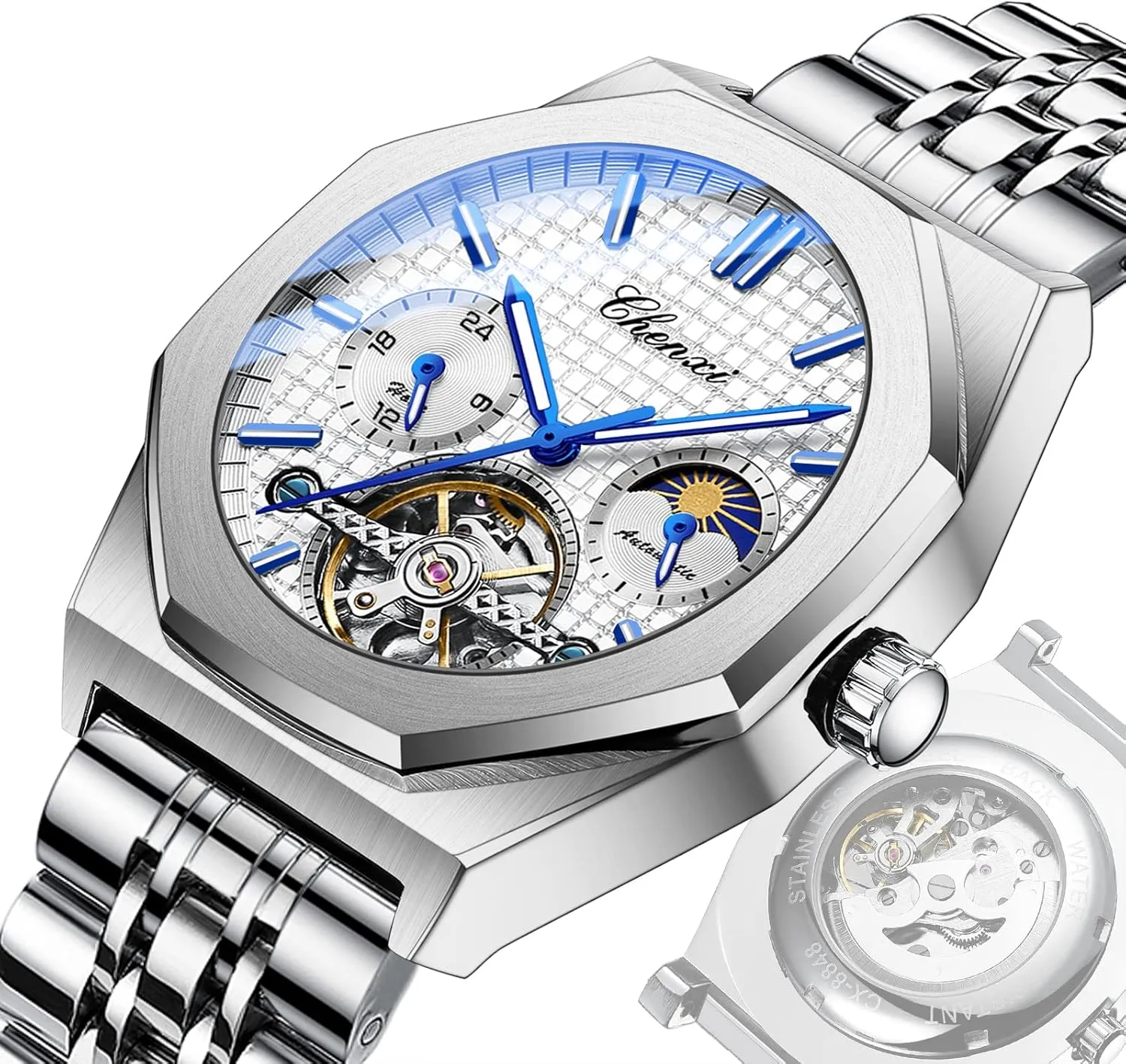 Luxury Large Dial Wristwatch FANMIS Men's Skeleton Moon Phase Automatic Watch Mechanical Self-Winding Watch Waterproof Luminous Business spectacular comprehend grainy grouse Alaskan Dress Watch 