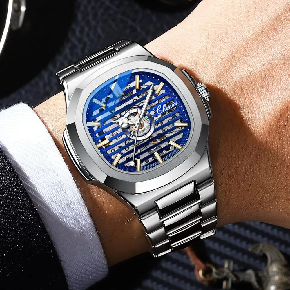 Luxury Skeleton Hollow Business Waterproof Luminous Watch Self-Winding Dress Stainless Steel Band Watch FANMIS Men's spun Classic Square Automatic Mechanical Watch 