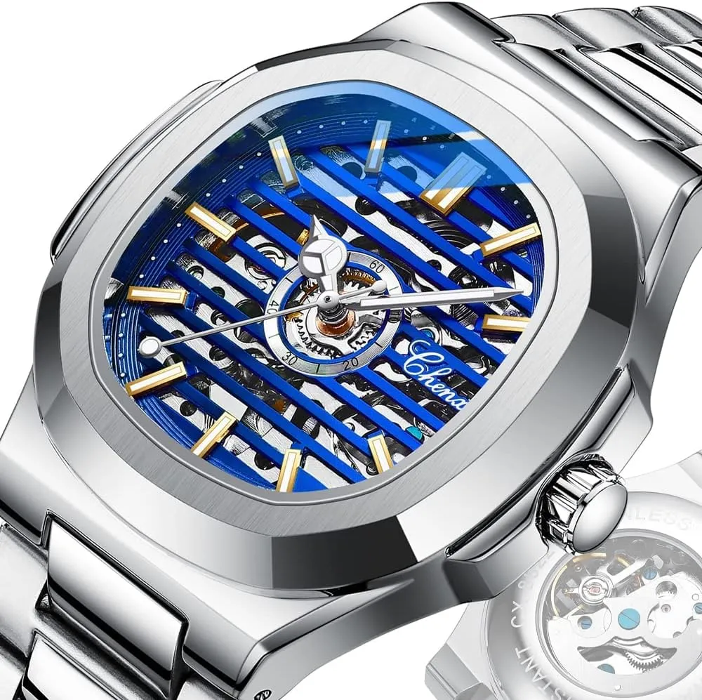 Luxury Skeleton Hollow Business Waterproof Luminous Watch Self-Winding Dress Stainless Steel Band Watch FANMIS Men's spun Classic Square Automatic Mechanical Watch 