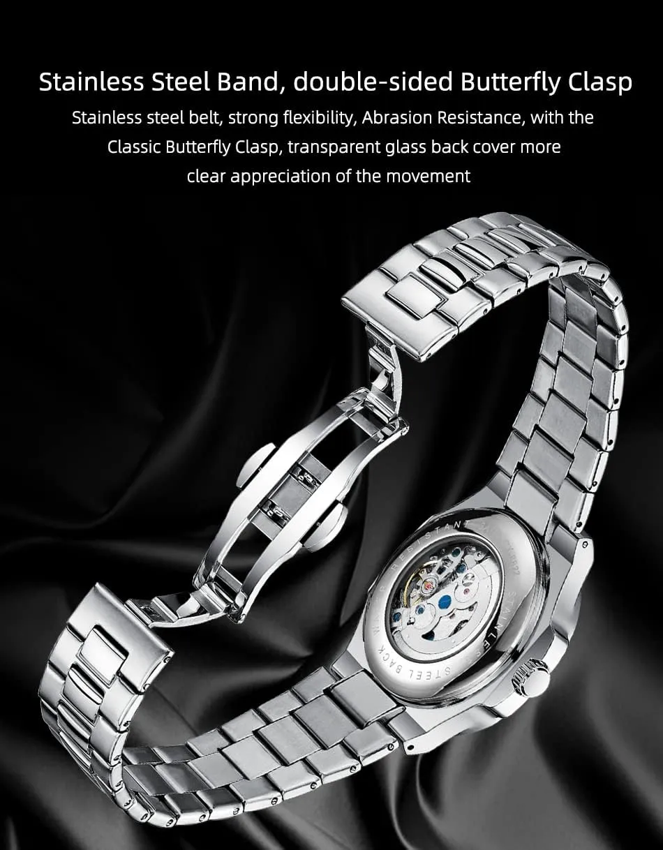 Luxury Skeleton Hollow Business Waterproof Luminous Watch Self-Winding Dress Stainless Steel Band Watch FANMIS Men's spun Classic Square Automatic Mechanical Watch 