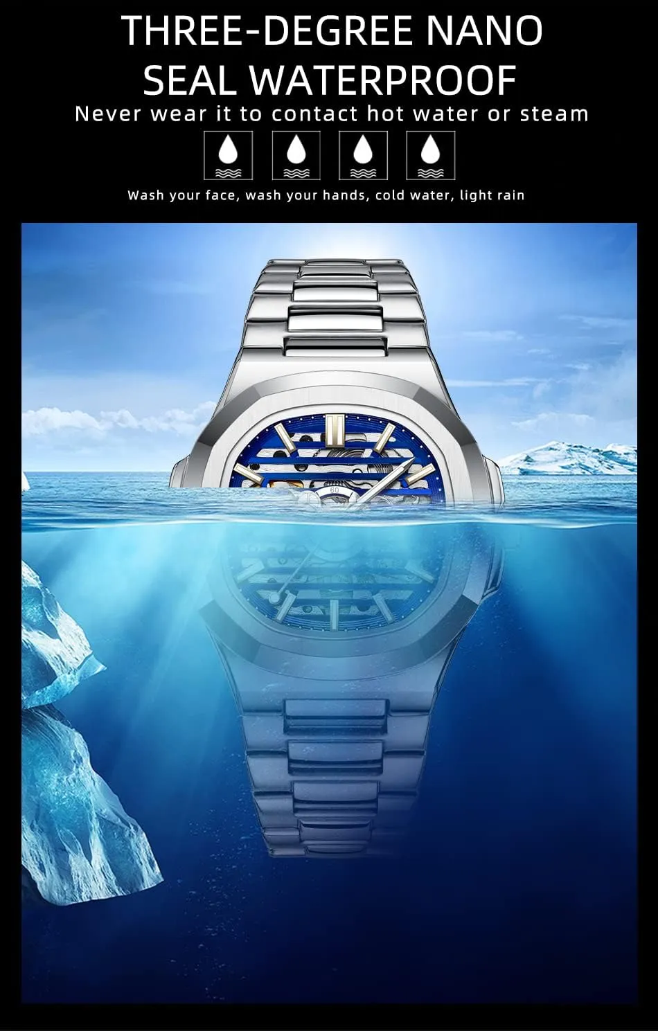 Luxury Skeleton Hollow Business Waterproof Luminous Watch Self-Winding Dress Stainless Steel Band Watch FANMIS Men's spun Classic Square Automatic Mechanical Watch 
