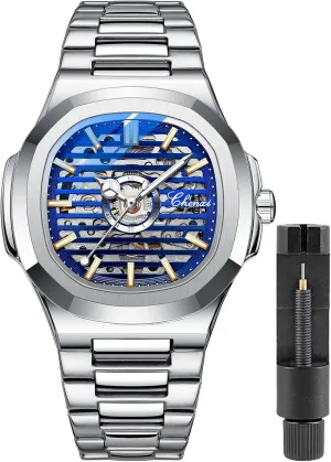 Luxury Skeleton Hollow Business Waterproof Luminous Watch Self-Winding Dress Stainless Steel Band Watch FANMIS Men's spun Classic Square Automatic Mechanical Watch 