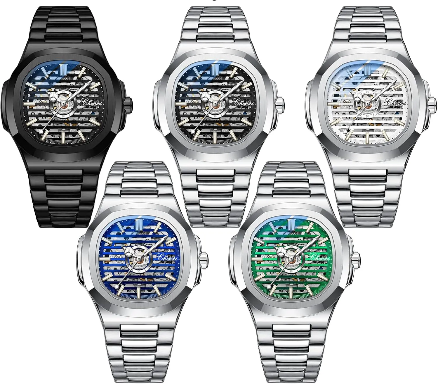 Luxury Skeleton Hollow Business Waterproof Luminous Watch Self-Winding Dress Stainless Steel Band Watch FANMIS Men's spun Classic Square Automatic Mechanical Watch 