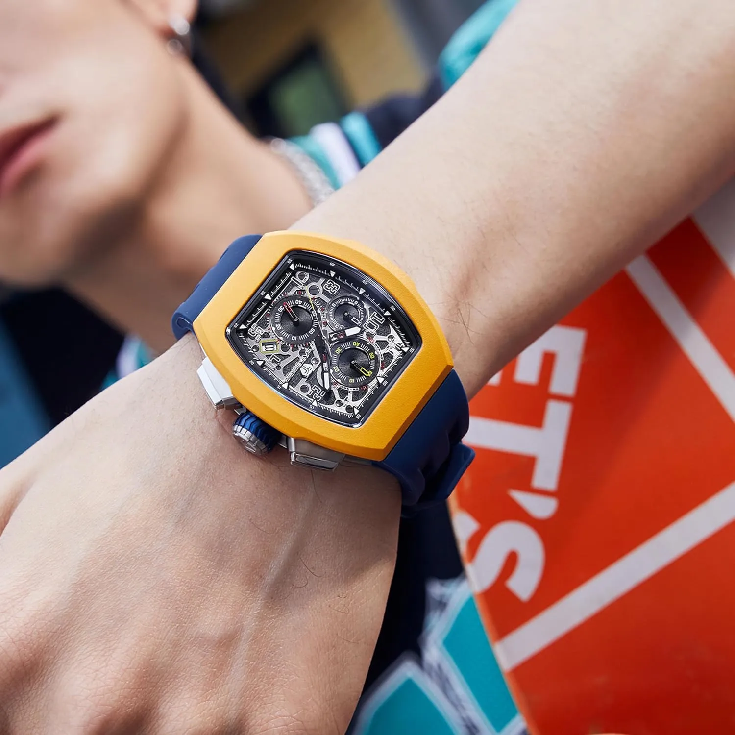 Luxury Skeleton Wristwatch Chronograph Calendar Date Large Square Face Replica Replace shred Strap Band (one Plus one) Mens Interchangeable Watches Waterproof 100M Unique Business Work Tonneau 