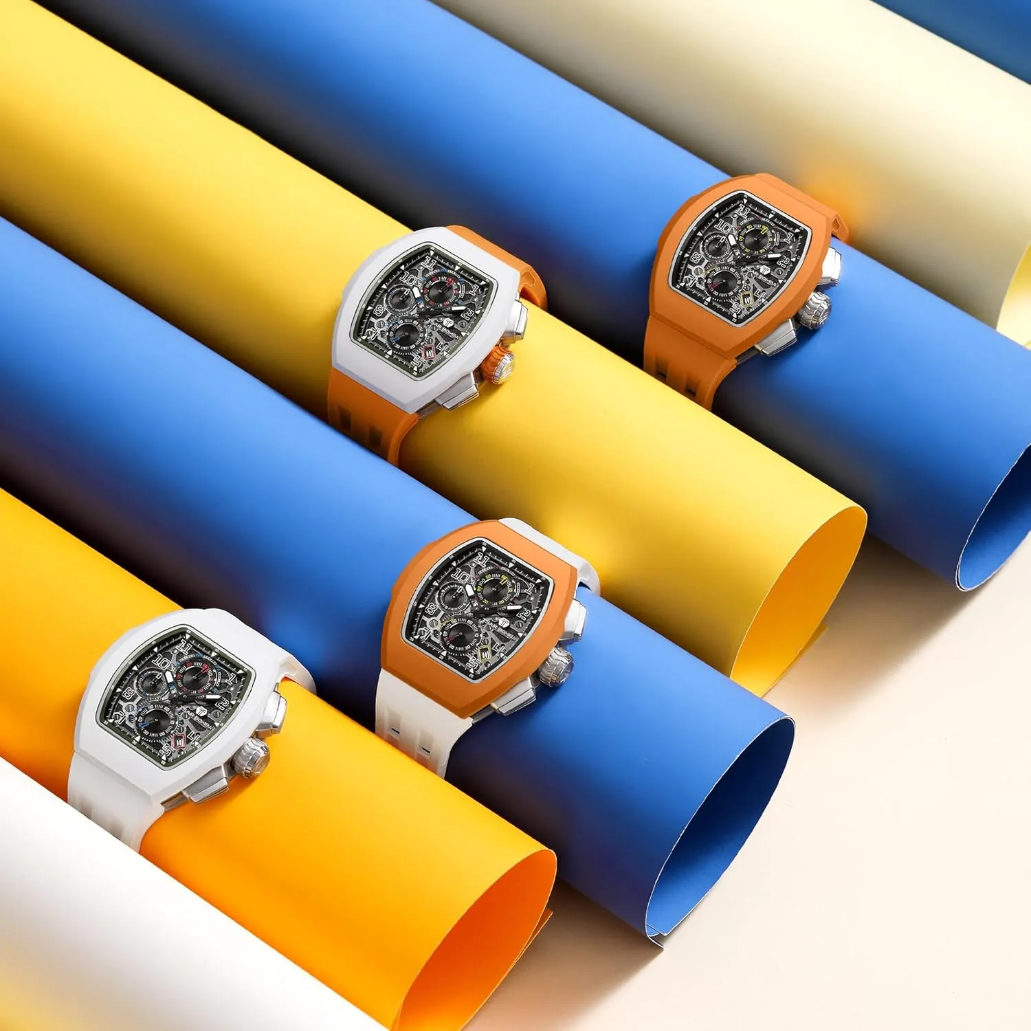 Luxury Skeleton Wristwatch Chronograph Calendar Date Large Square Face Replica Replace shred Strap Band (one Plus one) Mens Interchangeable Watches Waterproof 100M Unique Business Work Tonneau 