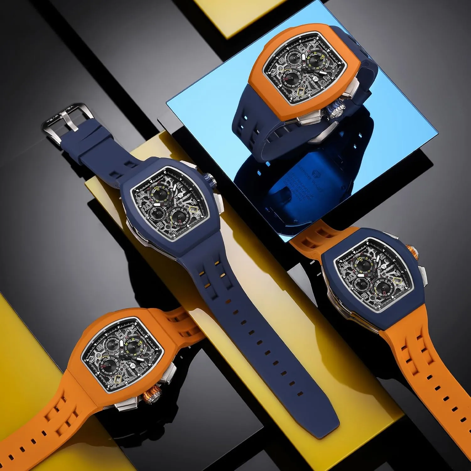 Luxury Skeleton Wristwatch Chronograph Calendar Date Large Square Face Replica Replace shred Strap Band (one Plus one) Mens Interchangeable Watches Waterproof 100M Unique Business Work Tonneau 