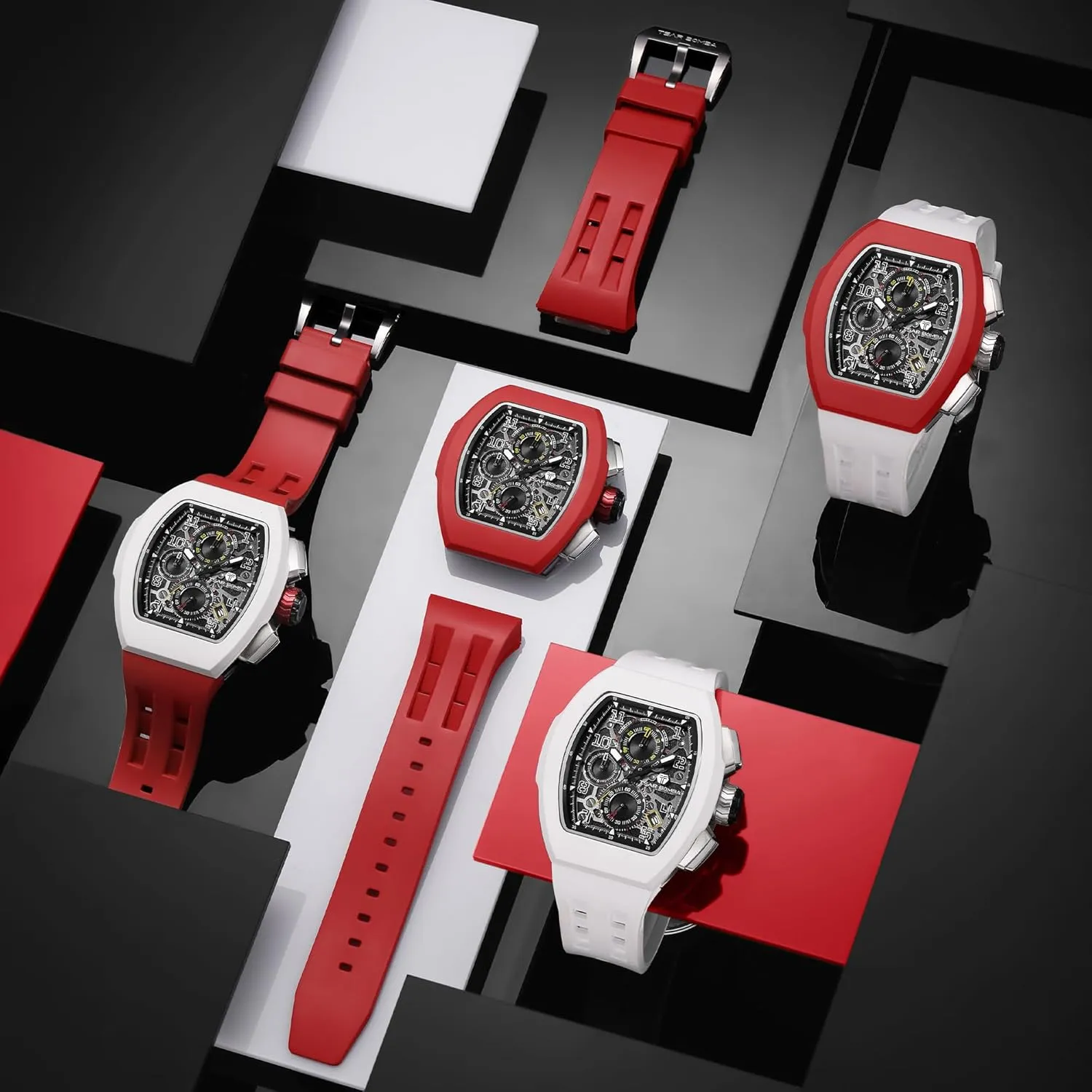 Luxury Skeleton Wristwatch Chronograph Calendar Date Large Square Face Replica Replace shred Strap Band (one Plus one) Mens Interchangeable Watches Waterproof 100M Unique Business Work Tonneau 