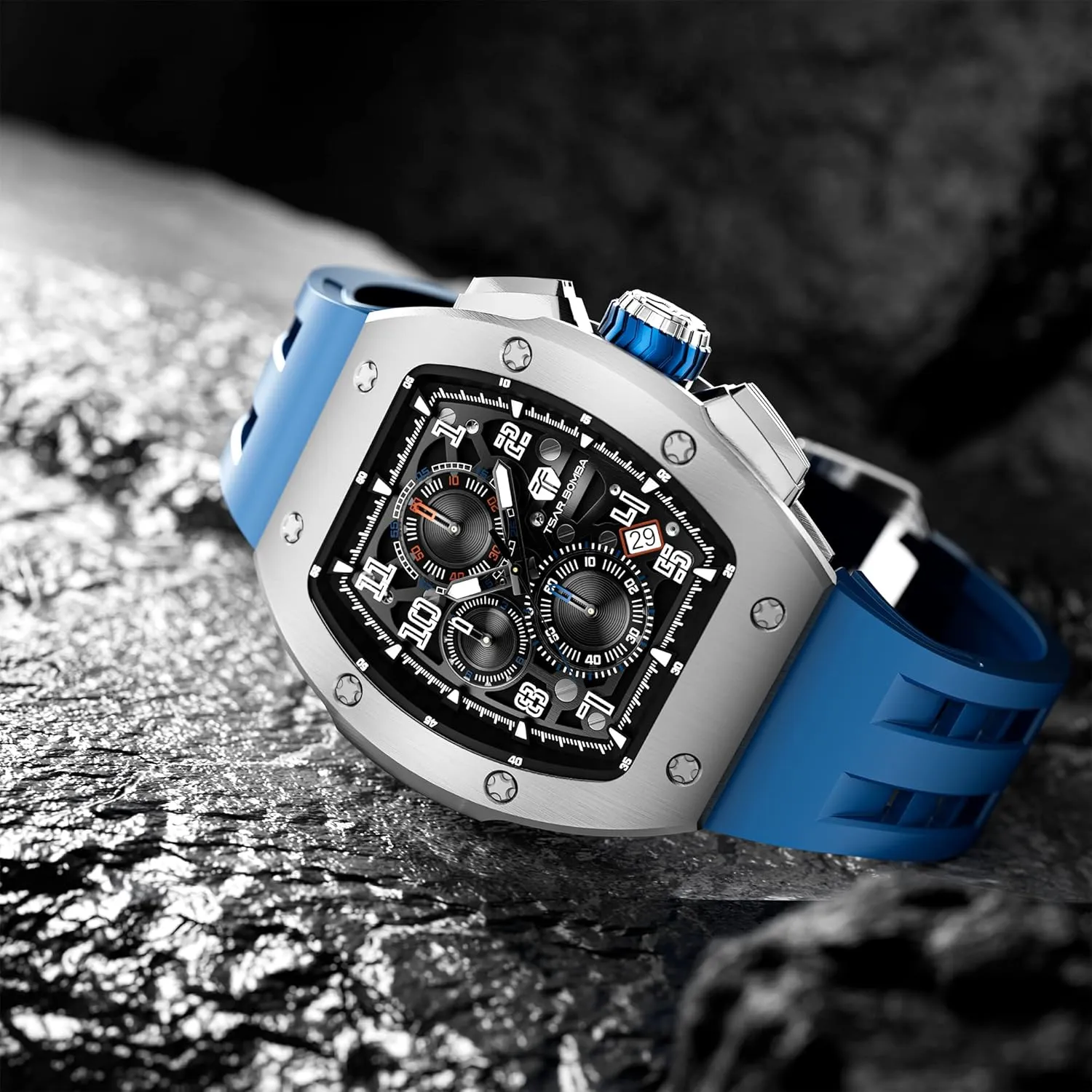 Luxury Skeleton Wristwatch Chronograph Calendar Date Large Square Face Replica Replace shred Strap Band (one Plus one) Mens Interchangeable Watches Waterproof 100M Unique Business Work Tonneau 