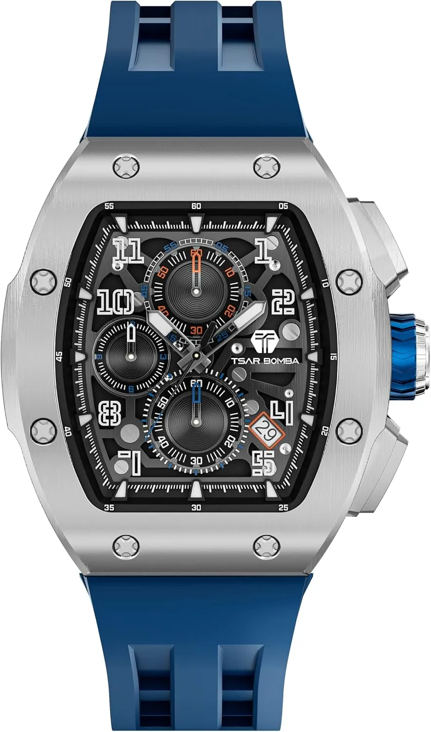 Luxury Skeleton Wristwatch Chronograph Calendar Date Large Square Face Replica Replace shred Strap Band (one Plus one) Mens Interchangeable Watches Waterproof 100M Unique Business Work Tonneau 