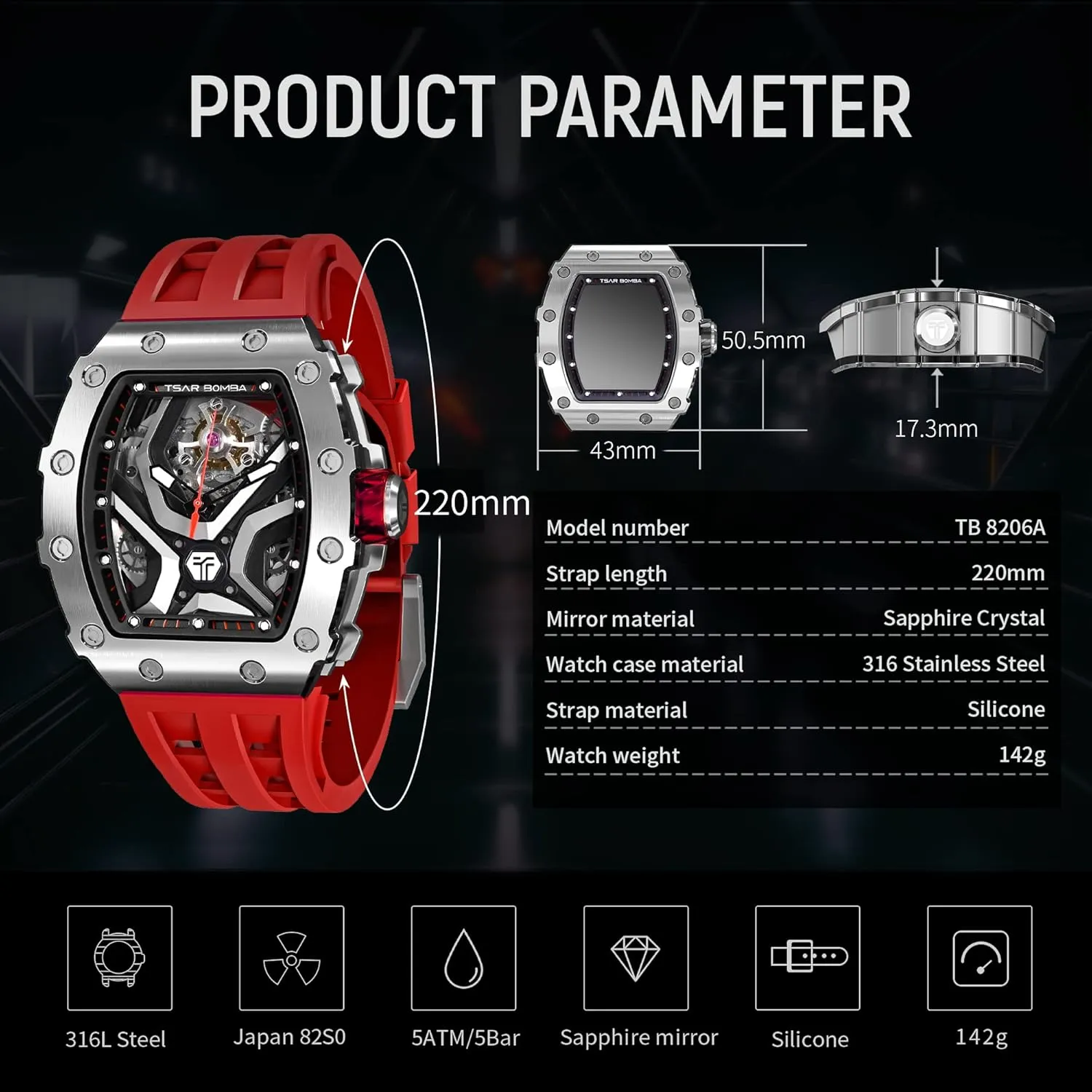 Mechanical Watch Luxury Skeleton Analogue Watches diplomat sufficient laborious motivate for Men 50M Waterproof Tonneau Work Mens Wrist Watch Original Design Square Big Face Cool Wristwatch Silicone Strap Men's 