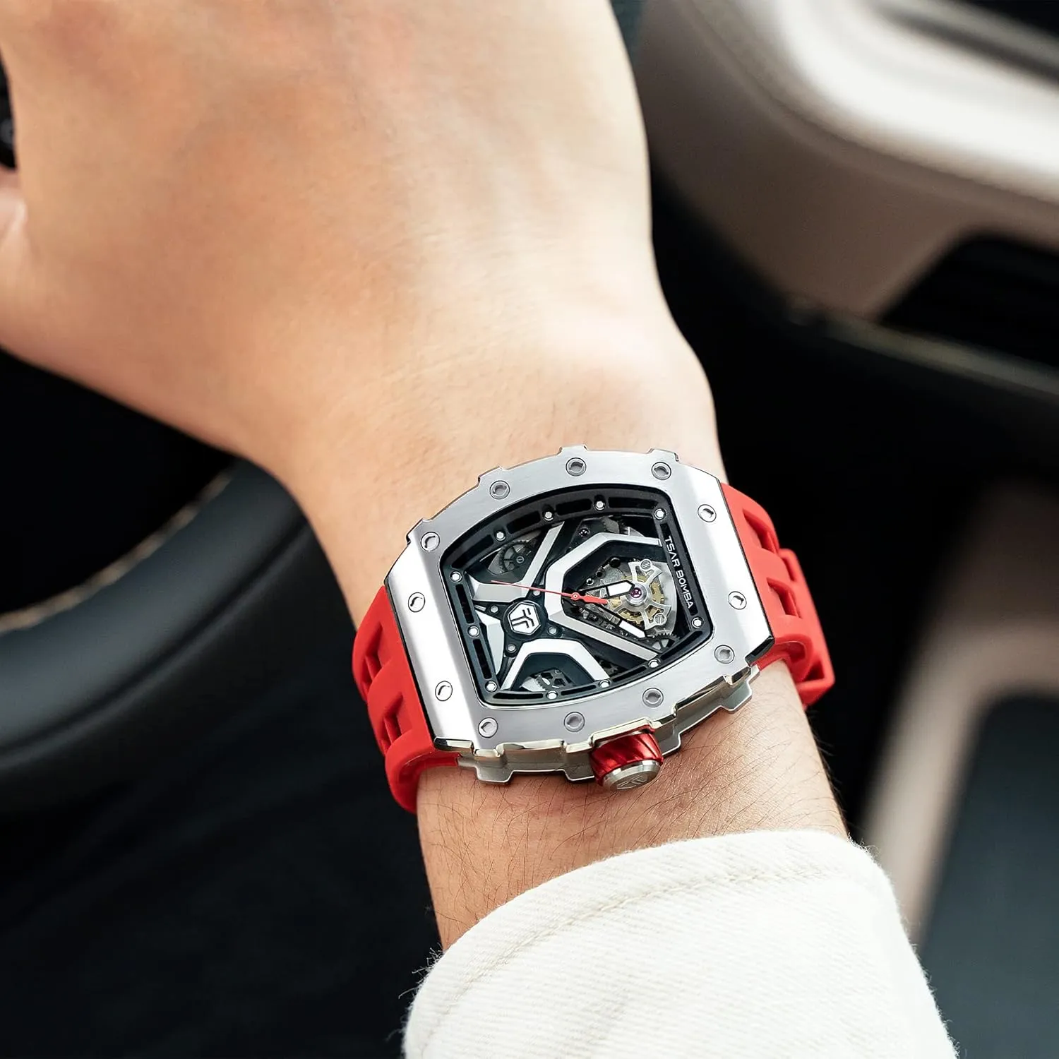 Mechanical Watch Luxury Skeleton Analogue Watches diplomat sufficient laborious motivate for Men 50M Waterproof Tonneau Work Mens Wrist Watch Original Design Square Big Face Cool Wristwatch Silicone Strap Men's 
