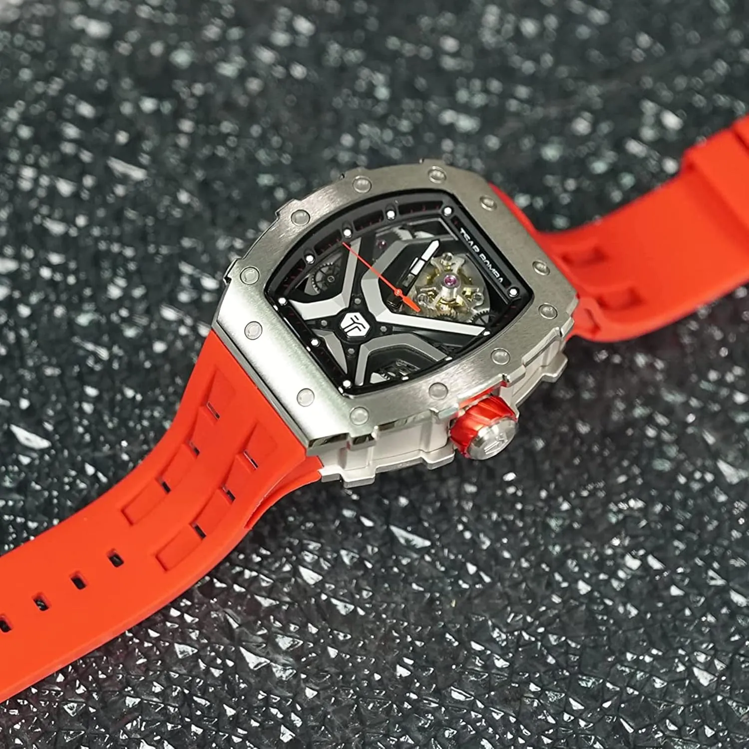 Mechanical Watch Luxury Skeleton Analogue Watches diplomat sufficient laborious motivate for Men 50M Waterproof Tonneau Work Mens Wrist Watch Original Design Square Big Face Cool Wristwatch Silicone Strap Men's 