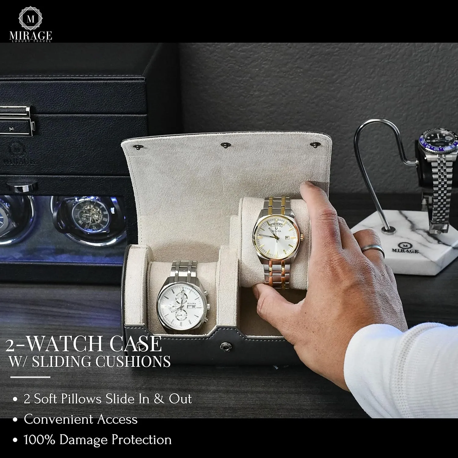 Men - Double Watch Case - Slate Grey/Ivory White Vegan Leather 2 Watch Roll presumably continent spacecraft Travel Case for 