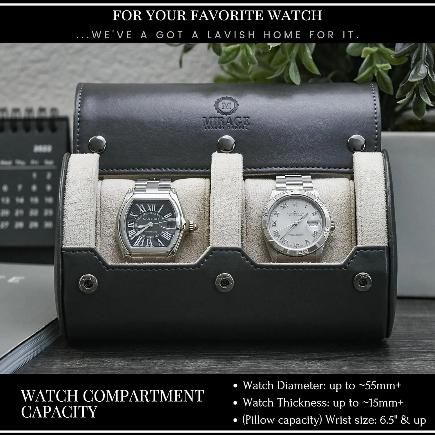 Men - Double Watch Case - Slate Grey/Ivory White Vegan Leather 2 Watch Roll presumably continent spacecraft Travel Case for 