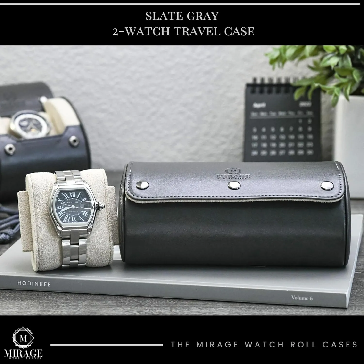Men - Double Watch Case - Slate Grey/Ivory White Vegan Leather 2 Watch Roll presumably continent spacecraft Travel Case for 